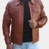 Mens Cognac Trucker Leather Jacket Premium Real Lambskin